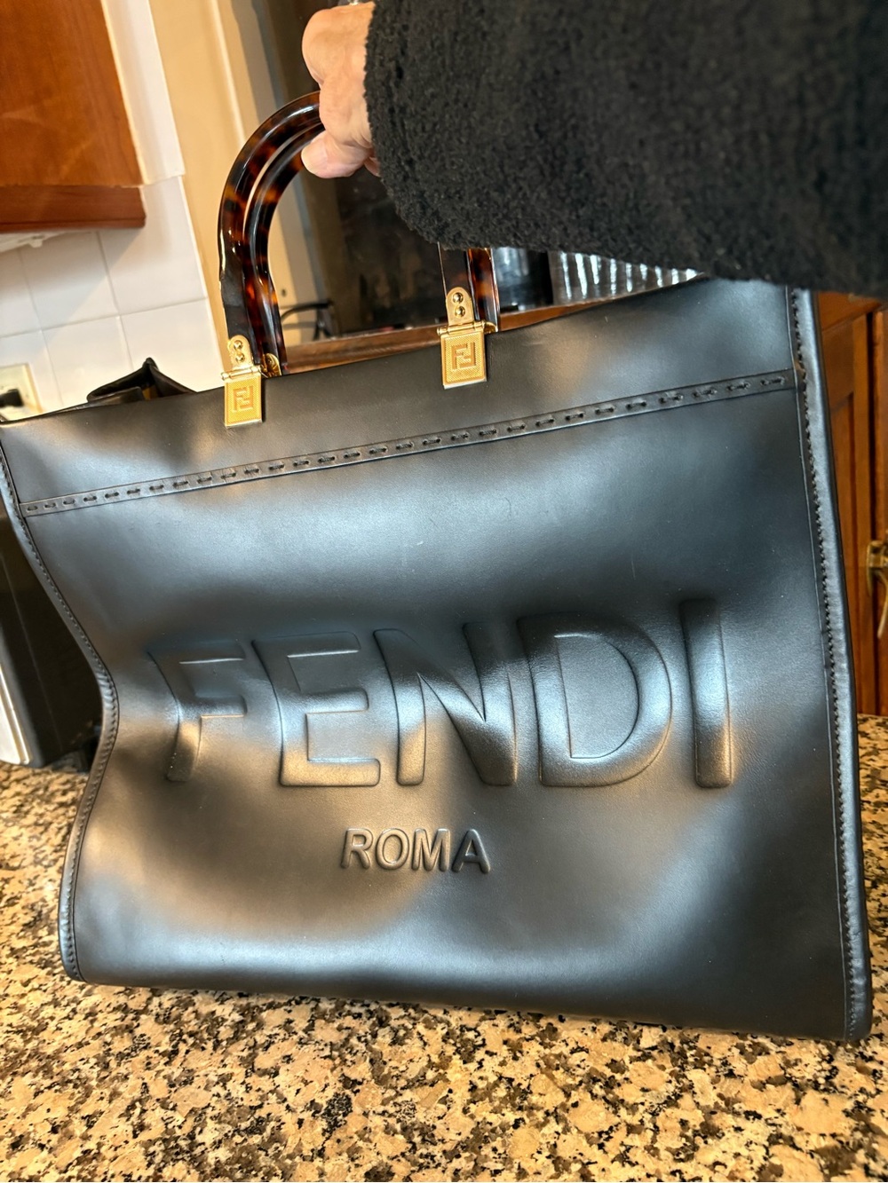 Fendi Sunshine Large Black Leather Tote Tortoiseshell Handles and Gold Hardware